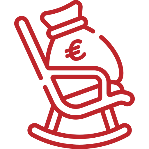 A red outlined icon of a rocking chair with a bag of money on it. The money bag has a euro symbol on its front.