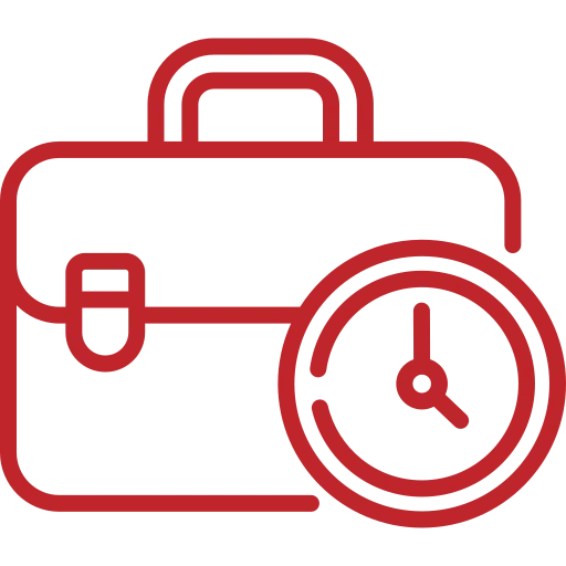 Red outline icon of a briefcase with a clock symbol overlapping its lower right corner, suggesting concepts of time management or work schedule.