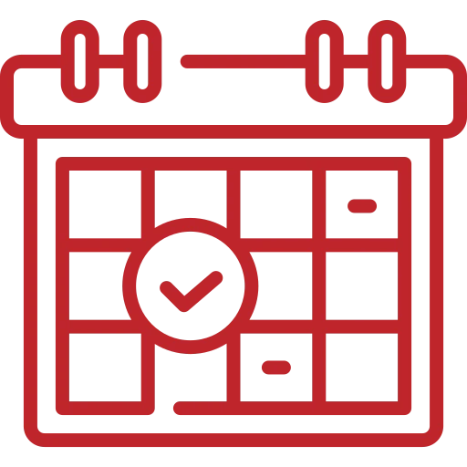 Icon of a red calendar with a checkmark symbol inside a circle on a specific date, indicating a scheduled or completed event.
