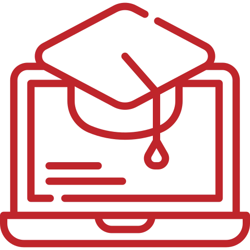 A red outline of a laptop with an open screen displaying text lines. A graduation cap is depicted on top of the laptop, symbolizing online learning or education.