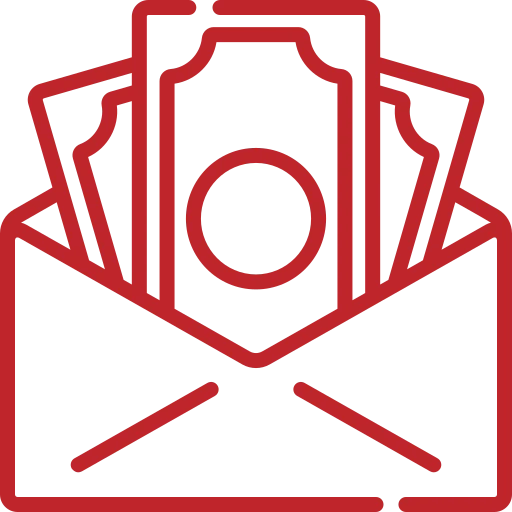 Icon of red outlined cash bills emerging from an open envelope, signifying transactions or payments.