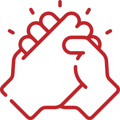 Illustration of two hands clapping, with red outlines and small lines around the hands to indicate movement or sound.